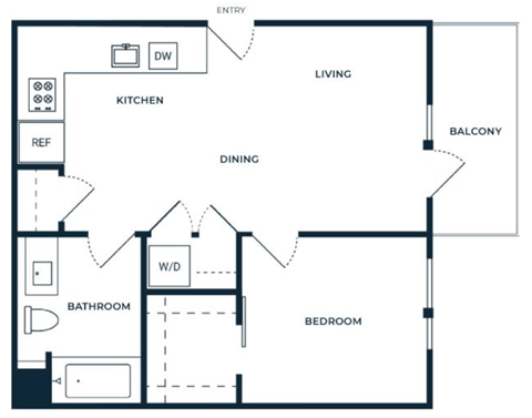 Floor plan for 1 bed, 1 bath, 675 sqft